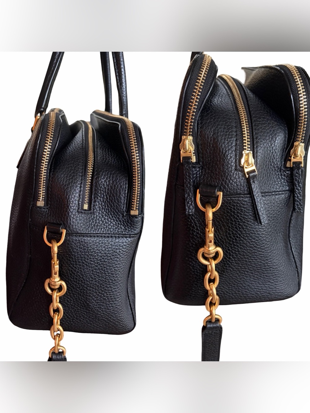 Tory Burch Georgia Pebbled Double Zip Satchel Tote Bag Black Leather Crossbody - Picture 8 of 16